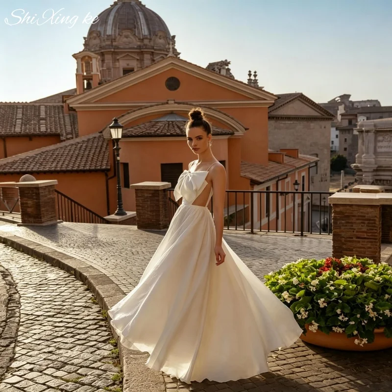 Romantic Backless Satin Wedding Dress 2026 Natural Waist A Line Skirt Bow Decor Bridal Dress Vestidos De Novia Customized