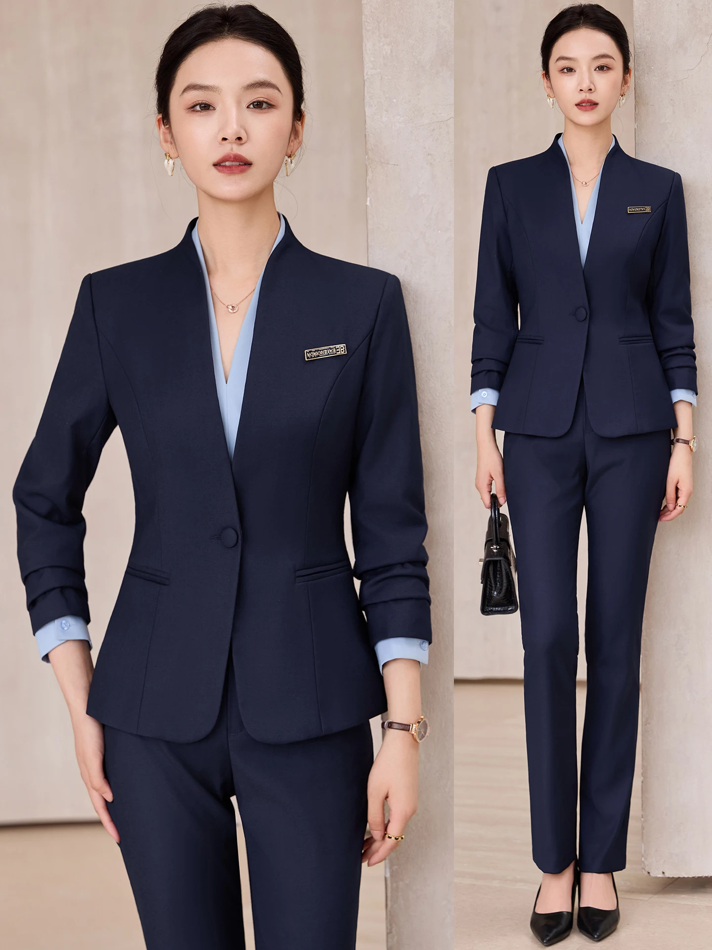 

Blue Professional Suit Set for Women Spring Autumn Front Desk Reception Hotel Manager Workwear Uniform Commute Style Slim Fit