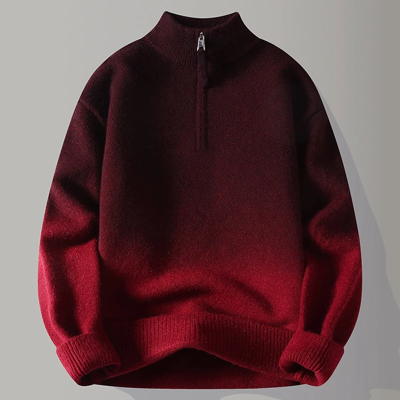 men's autumn winter long sleeves knit sweater mock neck zipper gradient pullover leisure fashion trend youth men's clothing tops