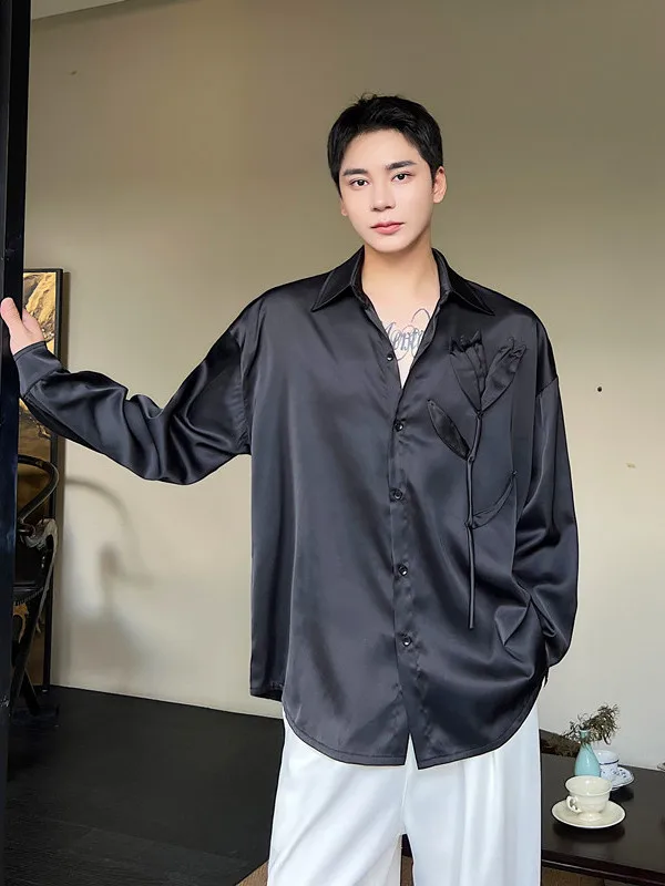 

Autumn Mens Long Sleeve Shirt Satin Drapey Floral Design Loose Fit Youthful Style Versatile Seasonal Pointed Collar Fashionable