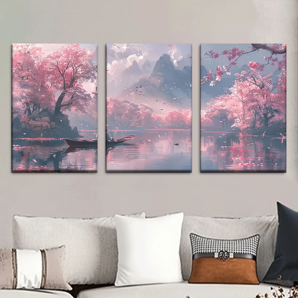 （NoFrame 3PCS）-2D Flat, 2D Flat, 3pcs/Set, Canvas Painting--Unframed, Pink Cherry Blossoms on Water, Decorative Hanging Ornam