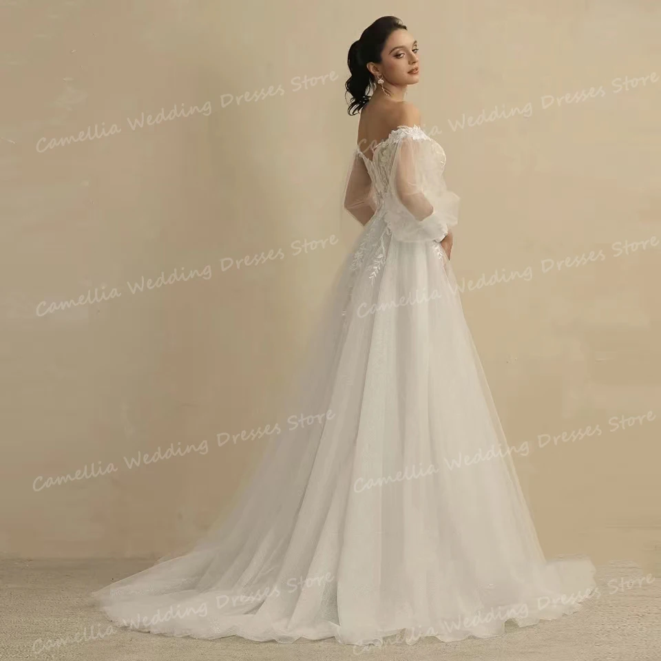 Vestidos de novia elegantes de manga larga para mujer, Vestidos de novia sexys de corte en A, escote Corazón, Espalda descubierta, hombros descubiertos, tul de encaje