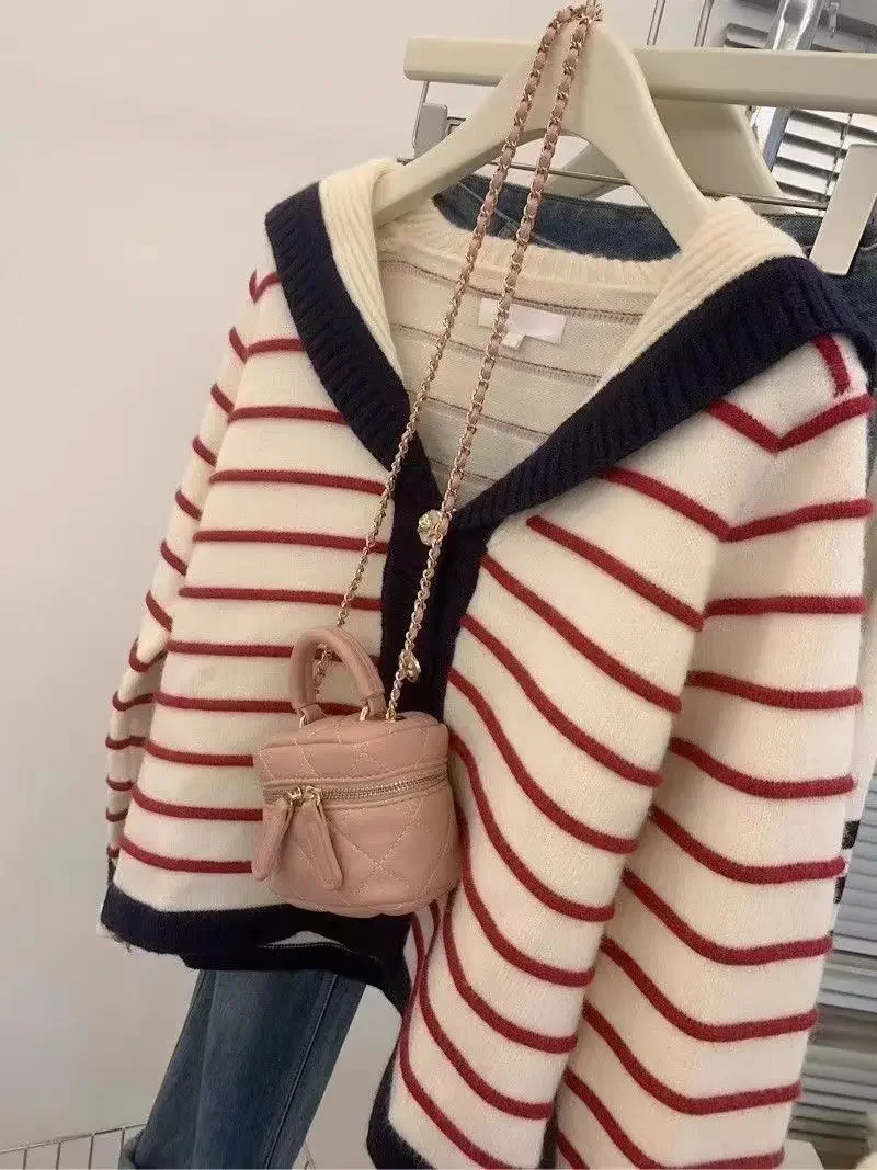 Gagaok Striped Short Navy Collar Sweater Jacket Women Autumn Winter Knitted Cardigan Outwear Casual Long Sleeve Top Clothes