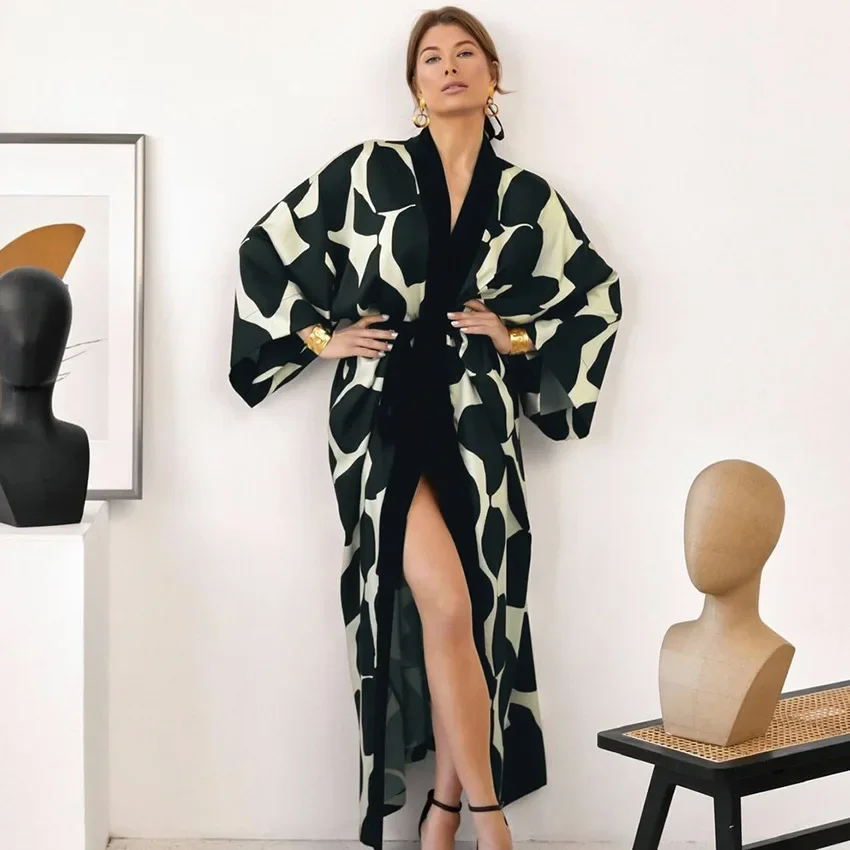 Women Kimono Robe Long Abstract Print Belted Wide Sleeve Velvet Trim Loungewear Sleepwear Home Gown