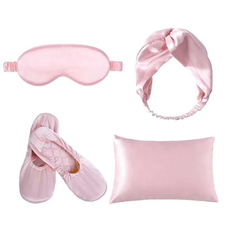 

Custom Silver Luxury Print Mulberry Silk Pillow Case sleep eyemask Scrunchie house slippers Four-piece travel Gift Set for women