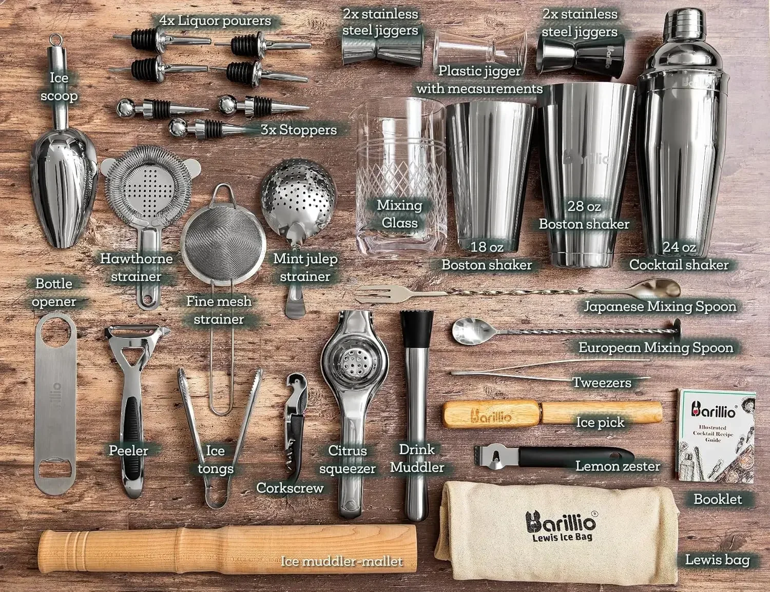 Bar Tool Set Pro Edition - Stainless-Steel Cocktail Shaker Set - Mixology Bartender Kit w/Boston Shaker, Drink Mixer &