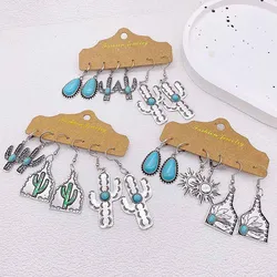 Western Cowboy Style Turquoise Bull Head Earrings Cactus Ethnic Style Earrings Set Jewelry Accessories