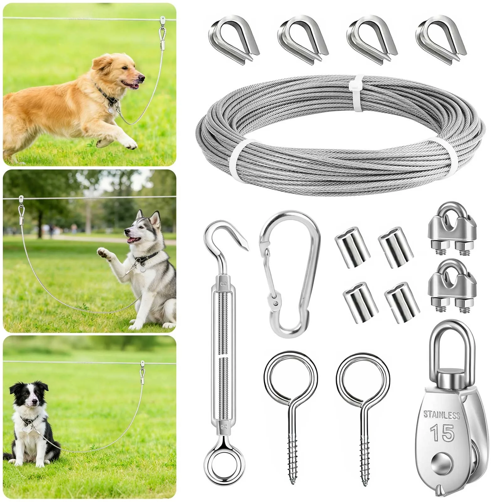 

50FT Dog Tie Out Runner Stainless Steel Cable Pulley System Heavy Duty Yard Camp