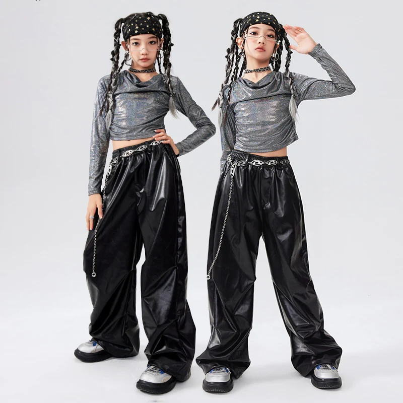 2024 Shine Sliver Crop Tops Black Leather Pants Outfits For Girls Jazz Dance Costumes Children Hip Hop Performance Wear DQS18131