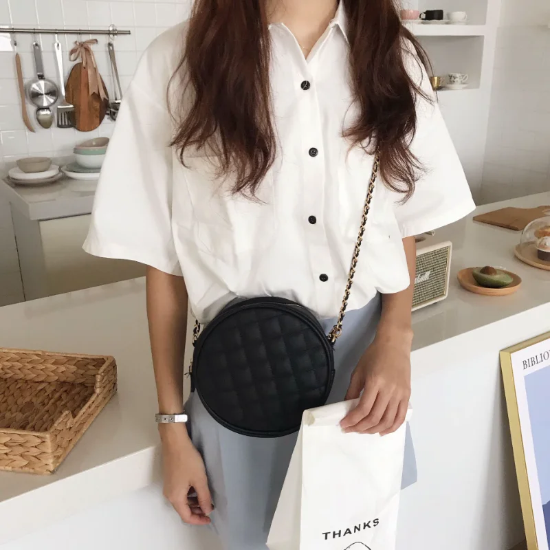 Casual Women\'s Crossbody Bags Fashion PU Leather Chain Mini Round Bag Simple Rhombic Pattern Handbags for Female Black White