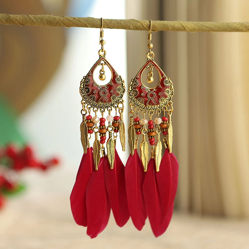 Bohemian Long Feather Drop Dangle Earrings For Women Beaded Handmade Carved Heart Enameled Earrings Boho Vintage Indian Jewelry