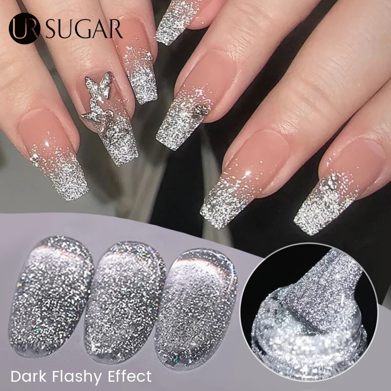 UR SUGAR-Verhéritage à ongles en gel scintillant, couleur argent, effet laser, semi-continu, pour nail art, 15ml