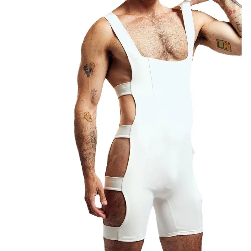 Sexy Hollow Out Slim Elastic Jumpsuits Men Summer Fashion Solid Color Shorts Bodycon Mens Nightwear Stylish Sleeveless Bodysuits