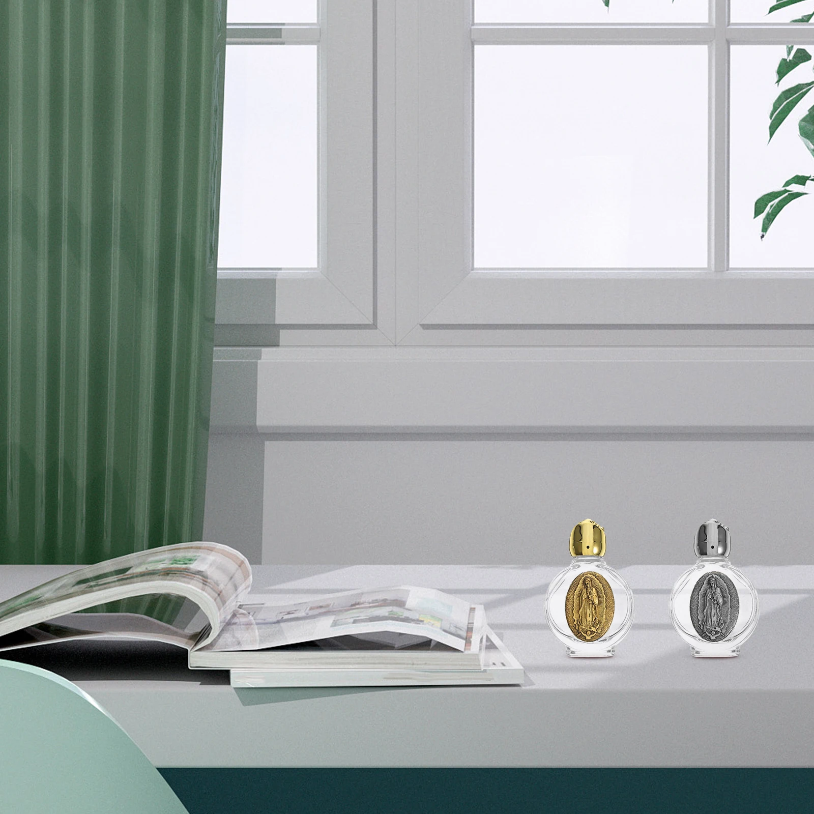 

4Pcs Metal Relief Holy Water Bottle Crystal Glass Refillable Religious Catholic Decoration Blessing Gift Set for Baptism Party