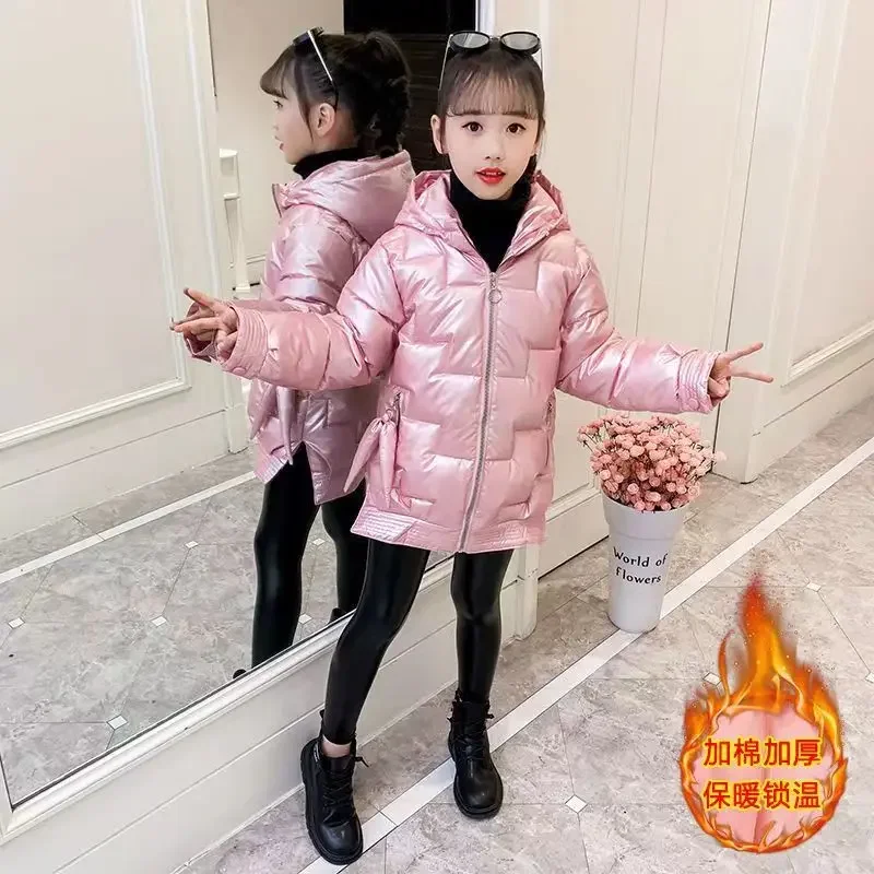 

4-12 Years Winter Girls Down Jacket Glossy Waterproof Keep Warm Little Princess Coat Hooded Zipper Outerwear New Kids Clothes