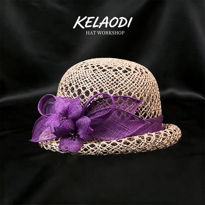 

Women's hollowed out straw woven summer breathable mesh purple decorated straw hat sun hat party cape outdoor church dress hat