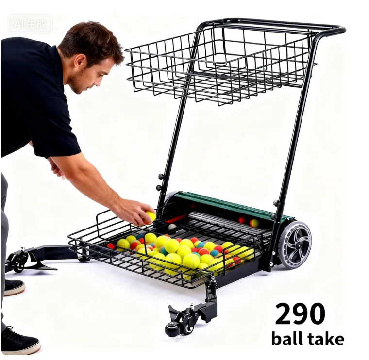 

Tennis Ball Pick-up Basket Dribble Cart Hopper Racquet Sports