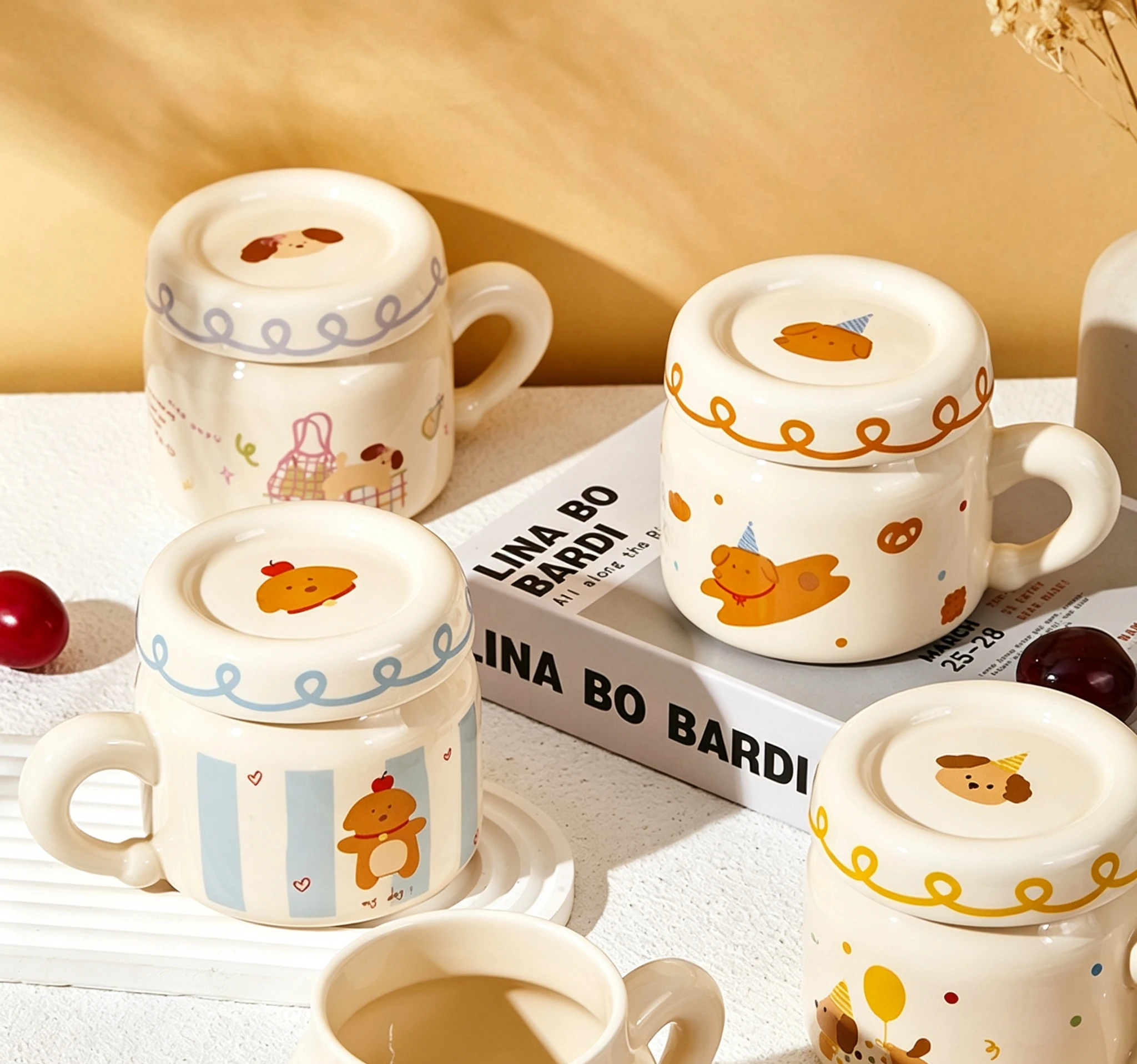 Cute Cartoon Dog Ceramic Mug With Lid 365ml Kawaii Coffee Milk Water Cup Home Office Drinking Mug
