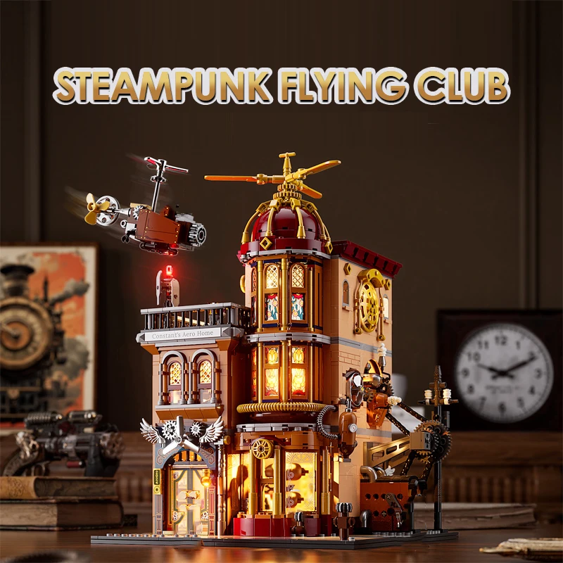 

Steampunk Flying Club Lighting House Buildings Sets, City Store Model Modular Buildings Blocks Gift for Adults Kids 1858 PCS