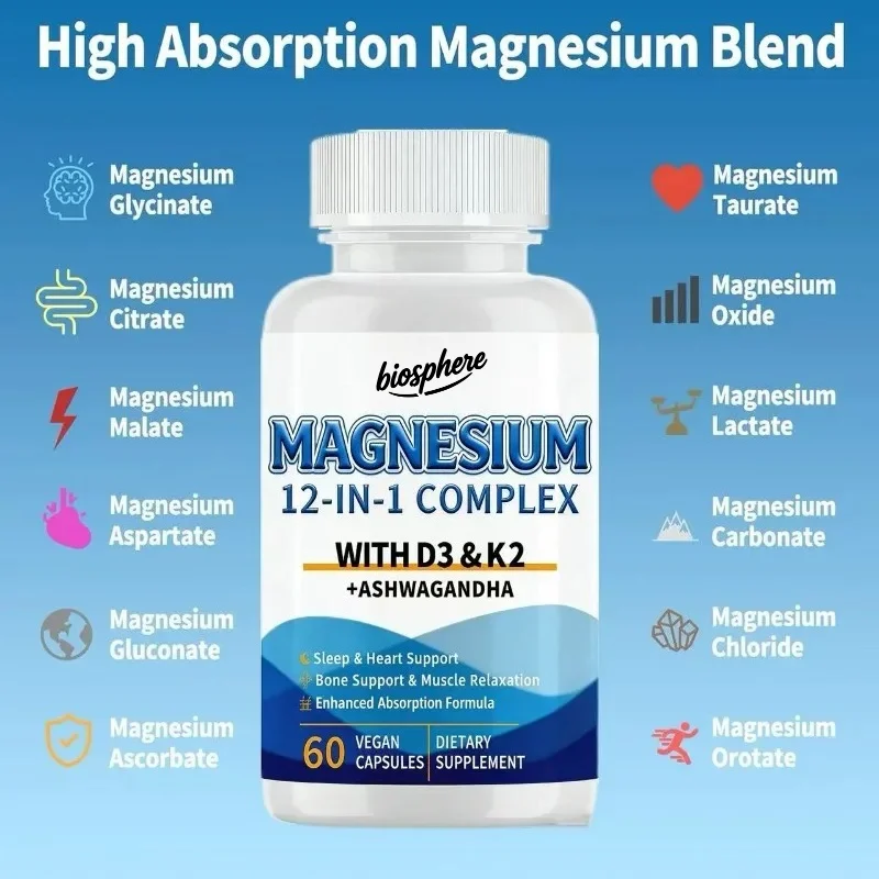 Magnesium complex glycine magnesium containing vitamin D3 K2, citric acid malic acid oxide taurine aspartic acid -60 capsules