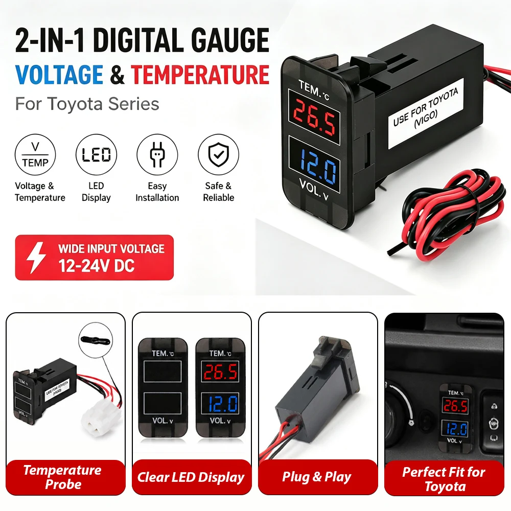 Digital Voltmeter DC12V-24V Voltage Temp Meter LED 2 in 1 Ammeter Red Blue LED Dual Display Gauge Electromobile Motorcycle Car