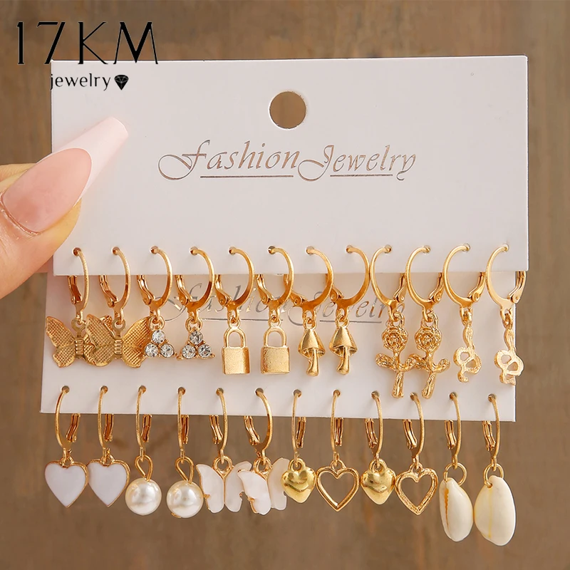 17KM Heart Pearl Dangle Earrings Set Metal Gold Color Butterfly Locks Earrings for Women Shell Trendy Jewelry Hoop Earrings 2022