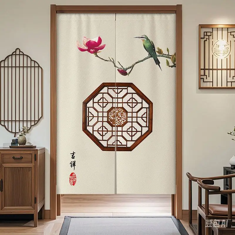 Oriental Aesthetic Noren Curtain Ink Lotus Koi Print Washable Fabric Room Divider Privacy Screen for Tea Room Home Entry Decor