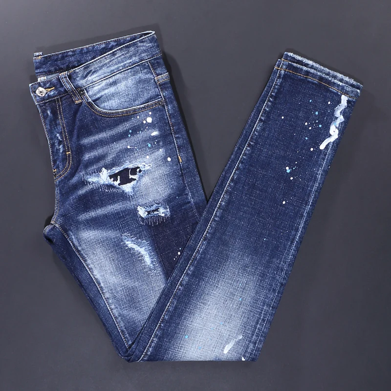 Men's fashionable washed water retro elastic hip-hop street style jeans stretch slim fit washed water nostalgic blue mid waist s