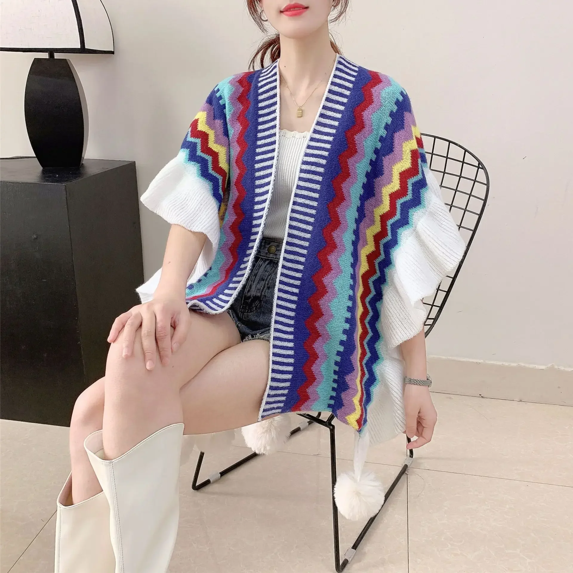 Capes Cloaks Poncho Type With Split and Sweet Shawl Women Wear Ruffles  Spring and Autumn 2025 New Lady Knitted Cape Cardigan P2