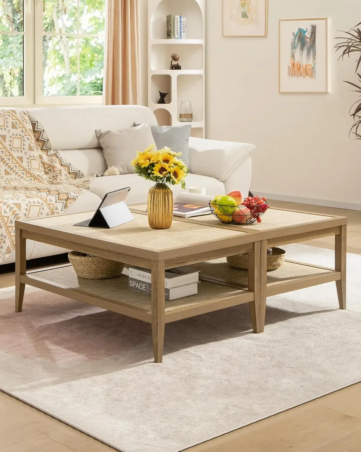 

2 Pieces Rattan Coffee Table Nesting Table - Boho Rectangle Center Coffee Tables with 2-Tier Rattan Storage Shelves