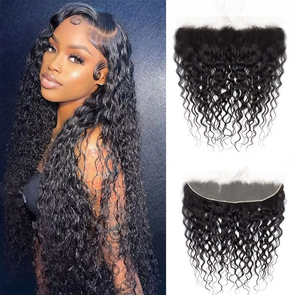 13x4 Water Wave Lace Frontal Closure Brazilian Human Hair Pre Plucked With Baby Hair Natural Color Remy Hair Extensions