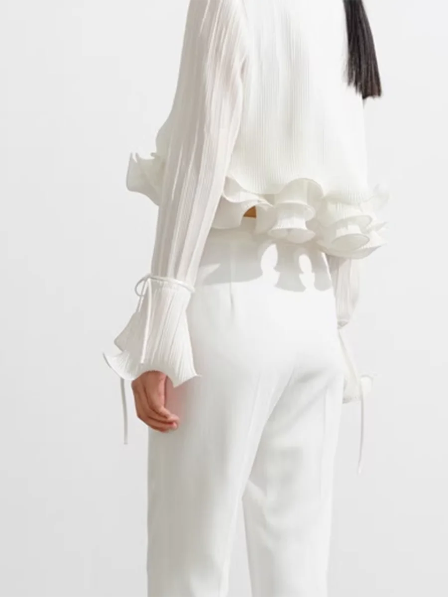 TWOTWINSTYLE Solid Spliced Ruffles Slimming Blouses For Women V Neck Long Sleeve Temperament Shirts Female Fashion Style Clothes