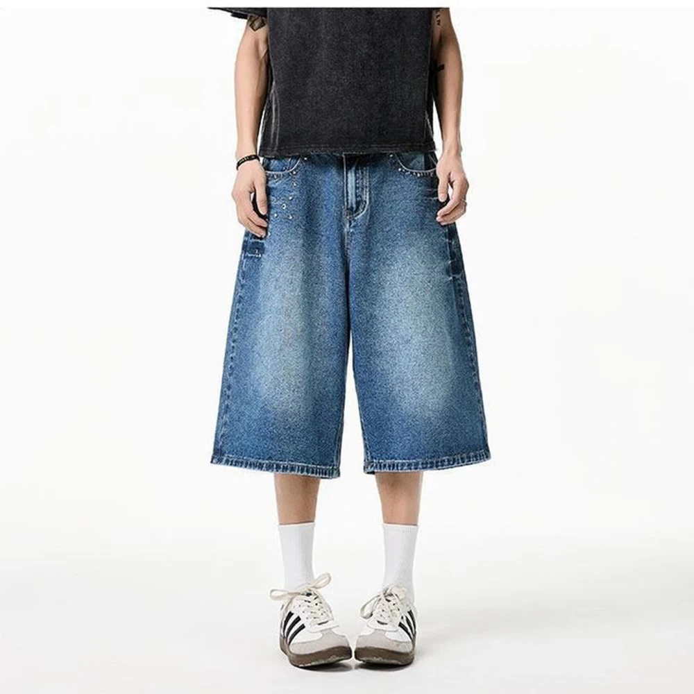 Verão novo masculino cor sólida em linha reta três quartos jeans americano retro moda tendência rua hip-hop solto casual bottoms masculinos