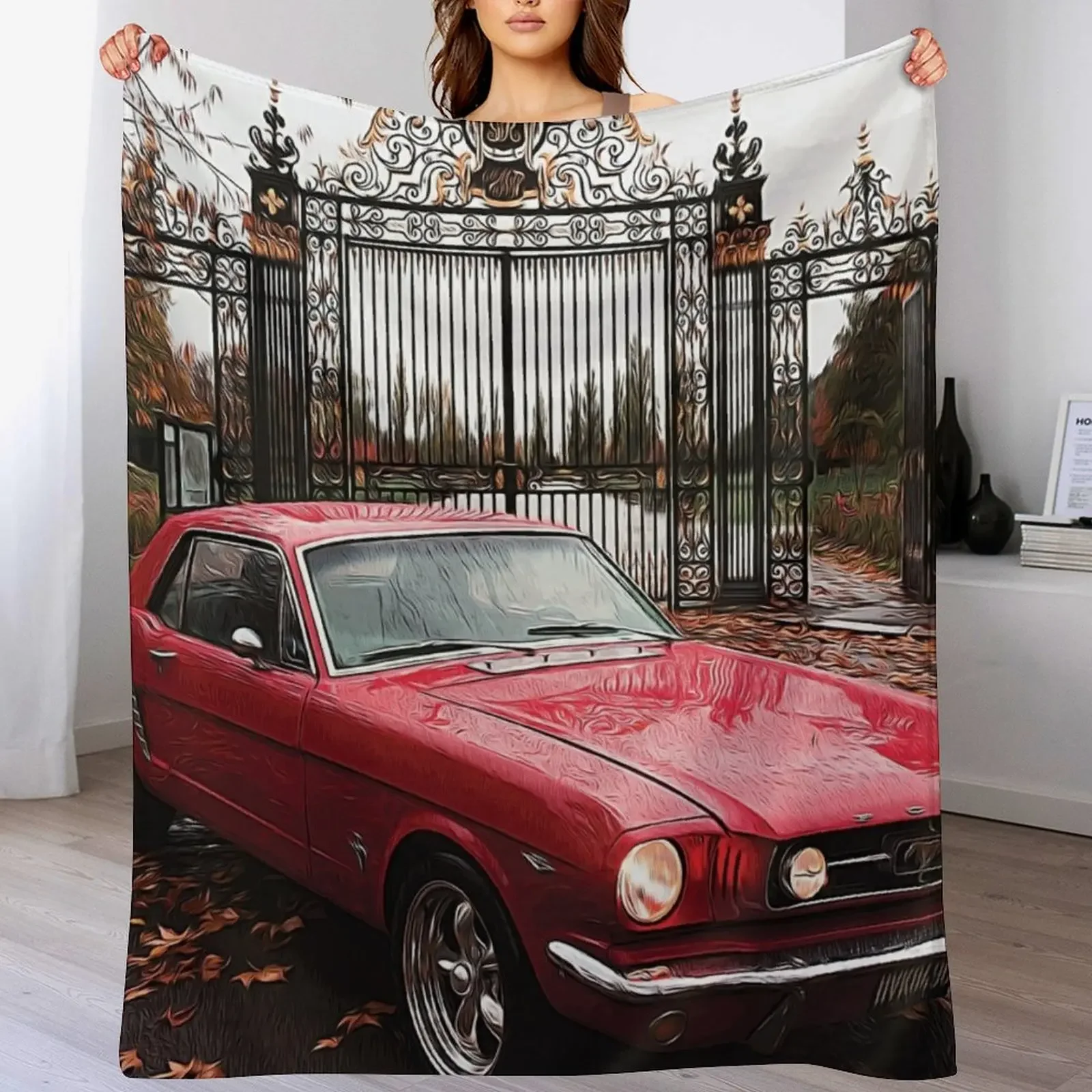 

Red Coupe '65 Mustang- ( Cartooned) Throw Blanket Stylish Couch Blanket for Home Living Room