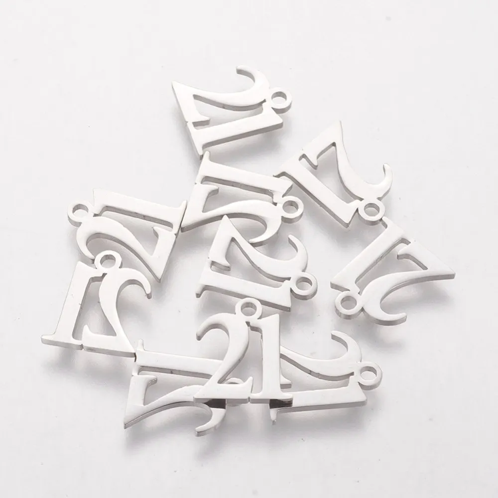 10Pcs 201 Stainless Steel Number Charms Number 21 Jewelry Findings Stainless Steel Color Pendant Charm for Necklace Bracelet