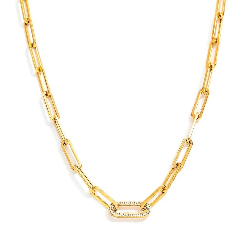 

Joolim Jewelry Wholesale Waterproof&No Fade Fashion Chunky Paper Link Chain Zirconia Stainless Steel Necklace for Women