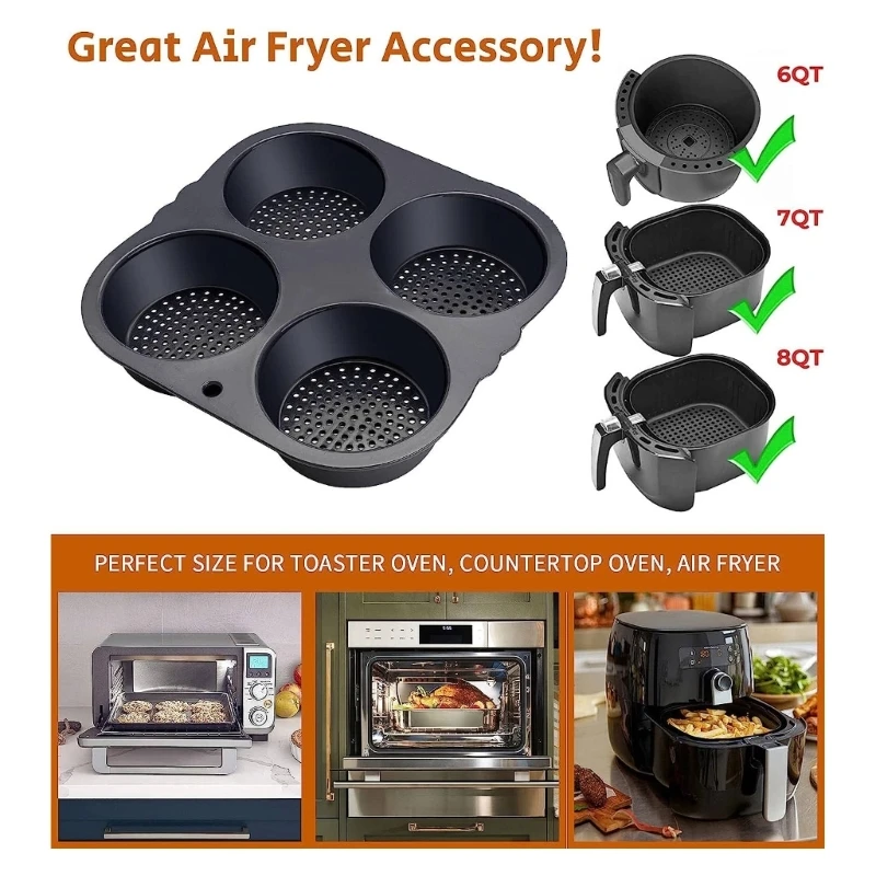 4 Holes Hamburger Burger Bun Mold Flexible Durable Hamburger Bun Baking Pan Perfect for Air Fryer Microwave Oven and Dishwasher