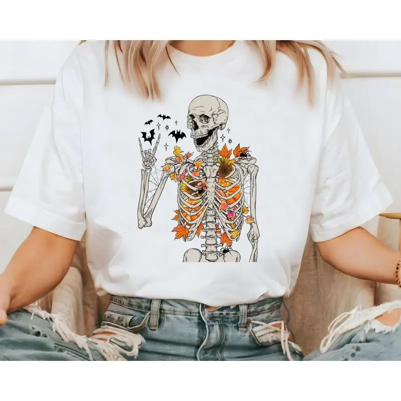 

Fall Floral Skeleton T Shirt Halloween S Women Apparel Spooky Gift Retro Skull