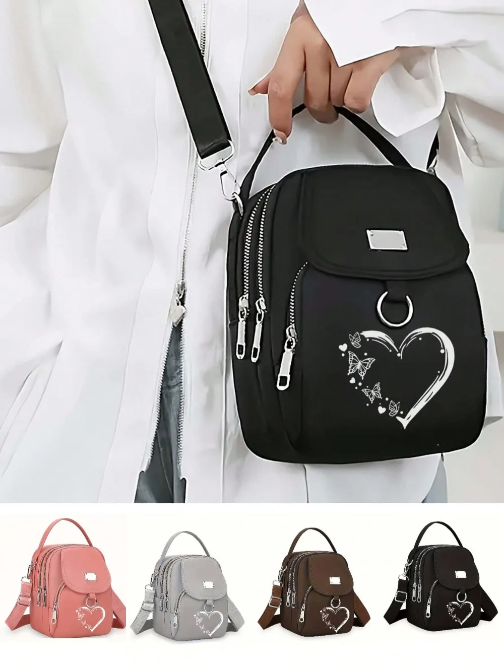 1pc frauen Nylon Schulter Tasche Herz Schmetterling Muster Casual Mini Umhängetasche Einstellbar Multi-Schicht Einfarbig hand Tasche – Detail 1