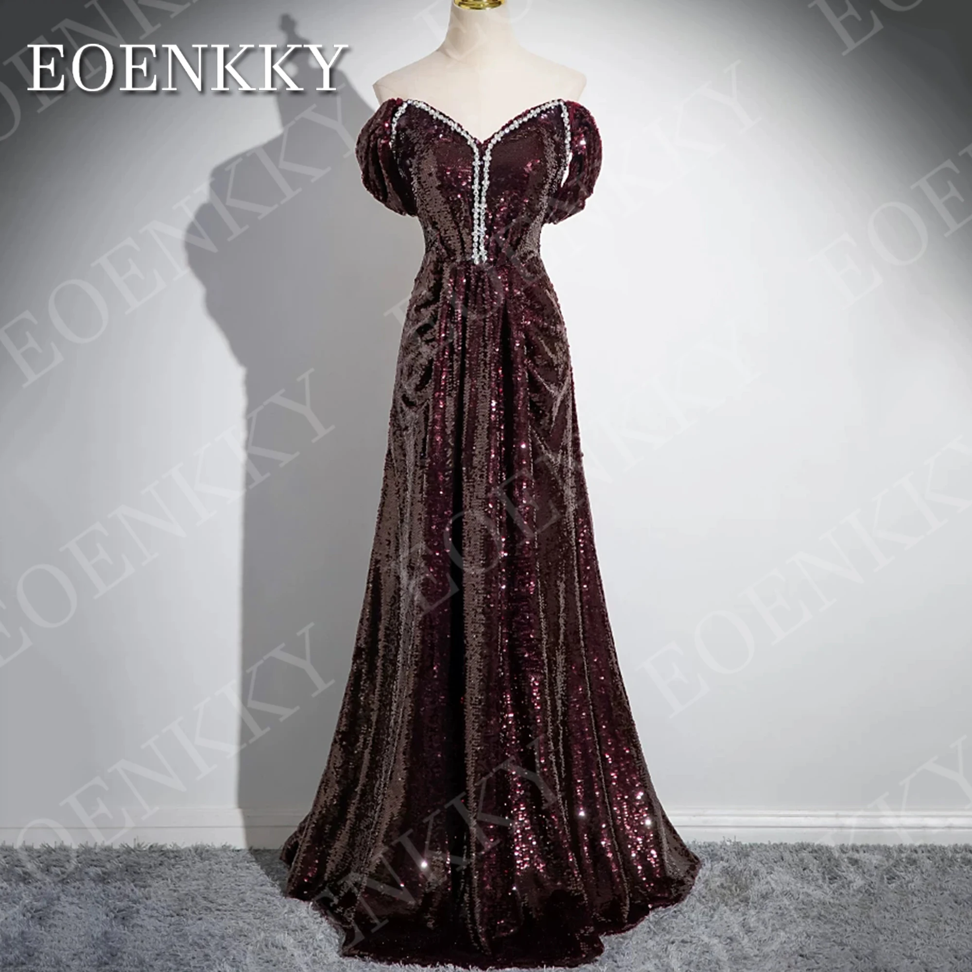 

EOENKKY A Line Evening Dresses V Neck Customized Prom Gowns Elegant Sequin Off Shoulder Party Dress Burgundy платье выпускной