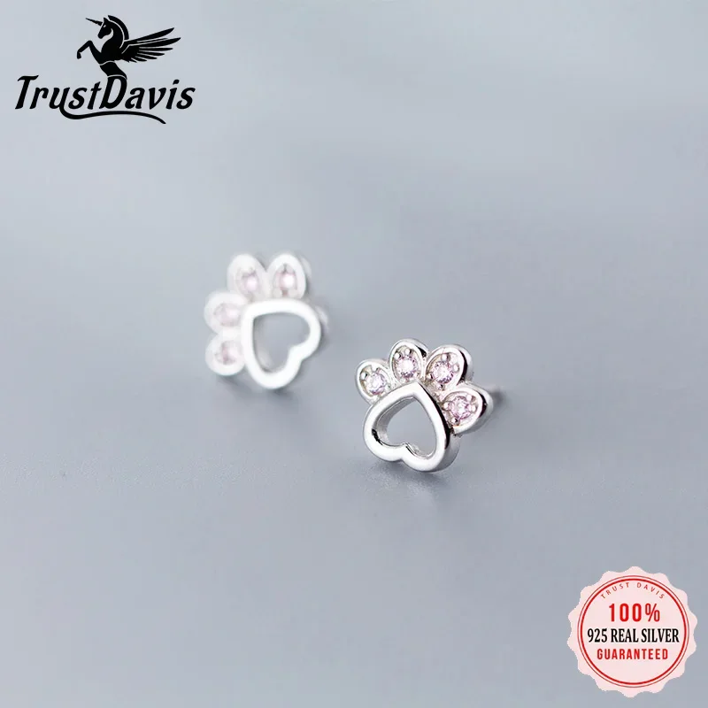 TrustDavis 925 Sterling Silver Animal Dog Cat Paw Pink Twinkling CZ Stud Earring For Women Footprints Valentine\'s Day Gift DA908