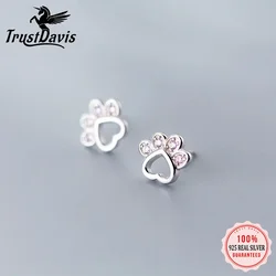 TrustDavis 925 Sterling Silver Animal Dog Cat Paw Pink Twinkling CZ Stud Earring For Women Footprints Valentine's Day Gift DA908