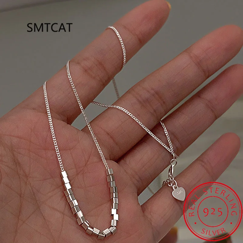 925 Sterling Silver Slide Block Sparkling Necklace Basic Chain Link Simple Fine Jewelry For Women Valentine\'s Day Gift
