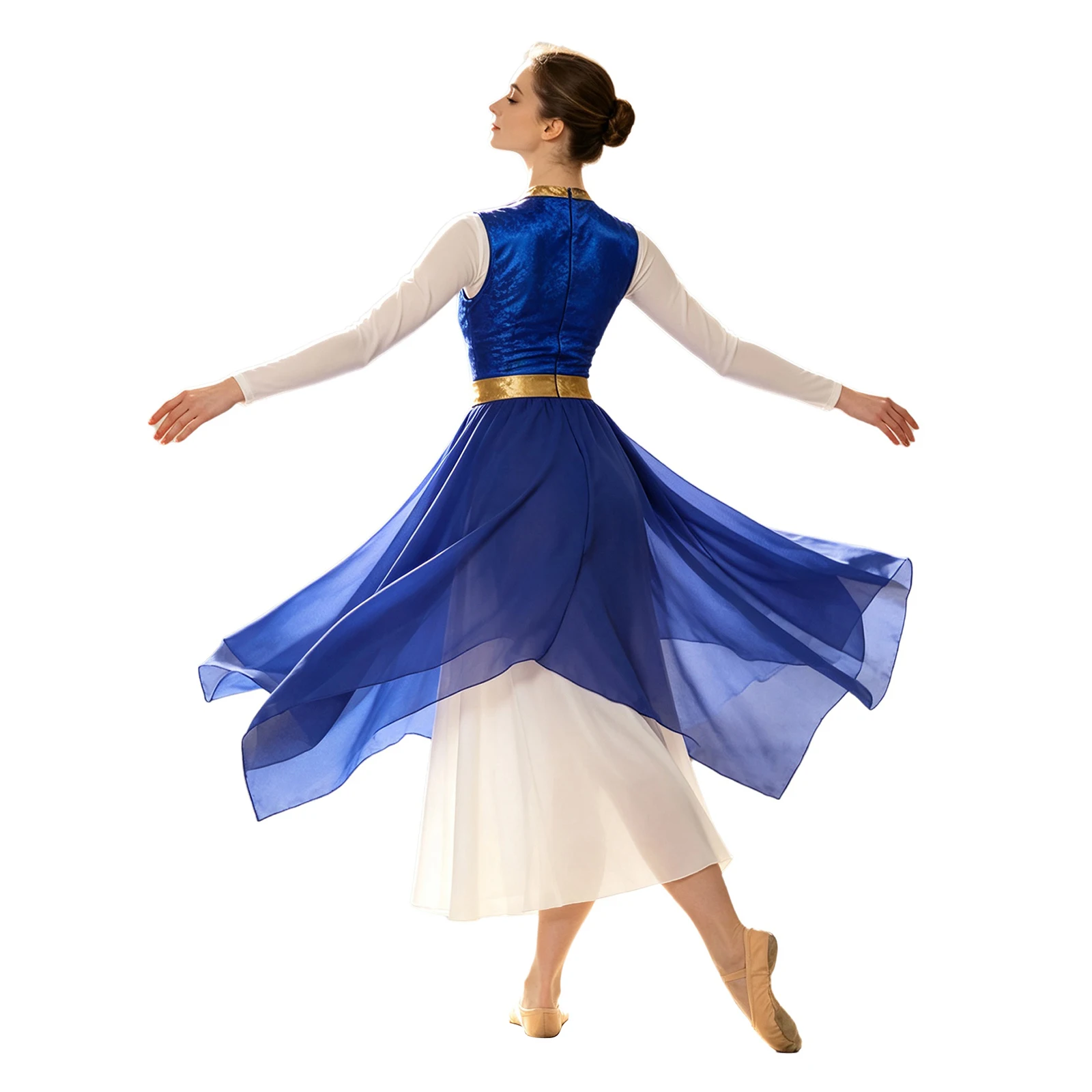 Damen-Lyrik-Tanzkleid, Kostüm für Gottesdienste und Lobgesänge, mit Metallic-Print, aufgesetztem Oberteil, Schlüssellochausschnitt vorne, ärmellos, unregelmäßiger Saum, Tunika-Kleid. – Detail 21