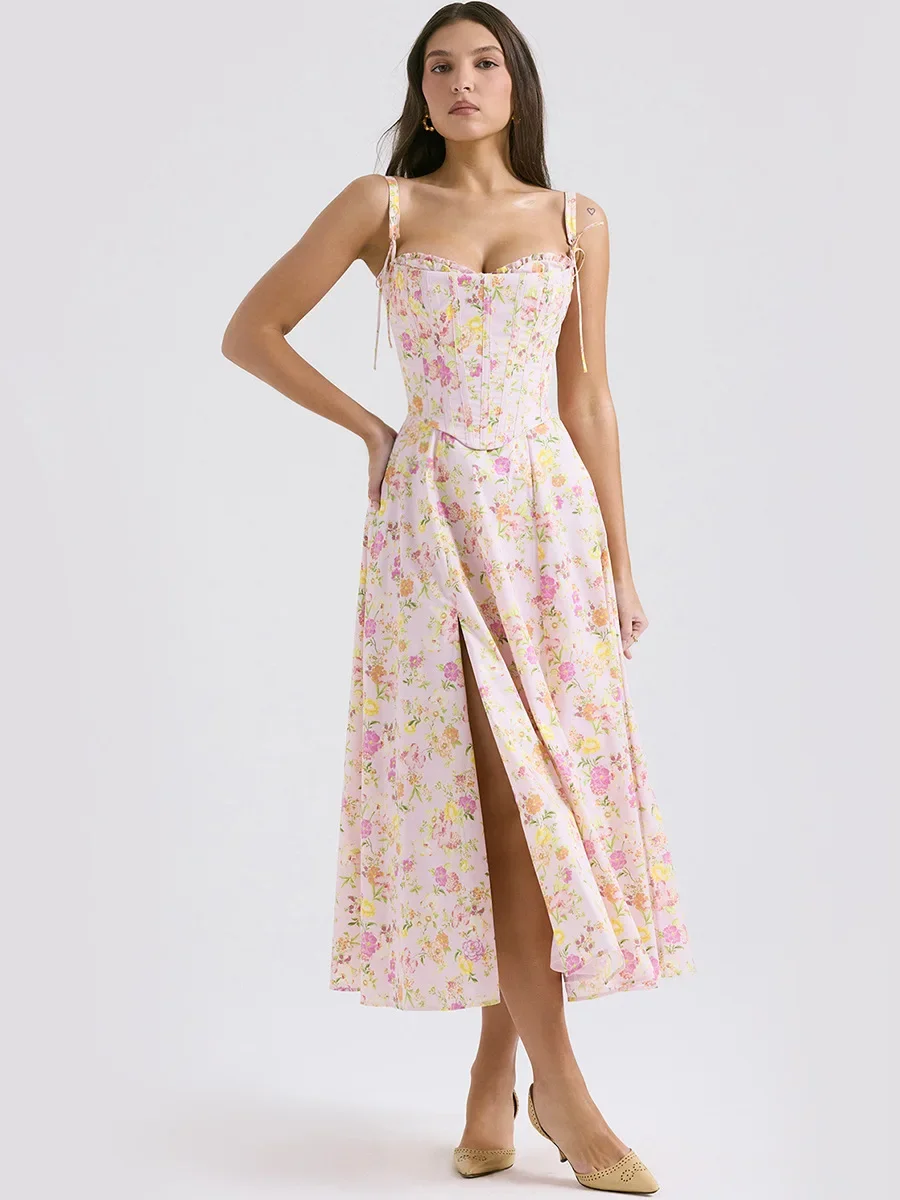 Vestido de dos piezas para mujer, camisola floral, falda larga de verano, falda estampada dividida de espina de pescado, nuevo modelo 2024