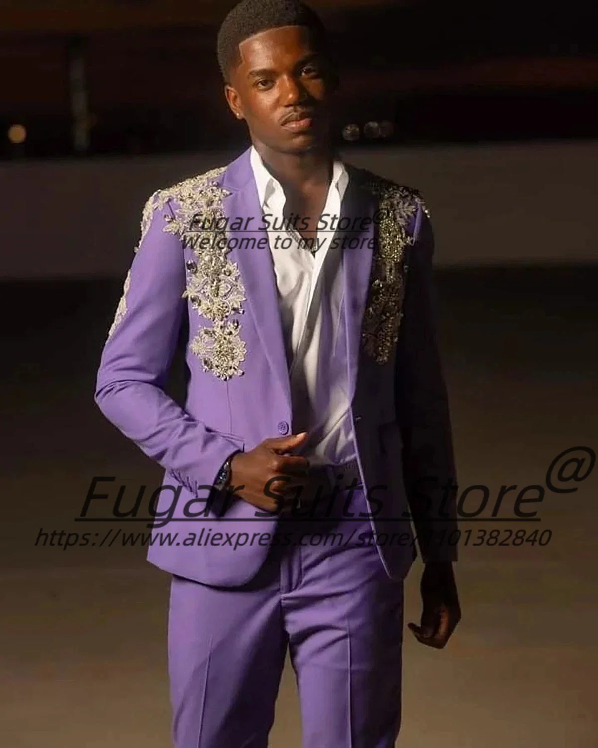 

Customized Elegant Purple Classic Men Suits Fashion Appliques Groom Wedding Tuxedos 2 Pcs Sets Male Party Blazers Costume Homme