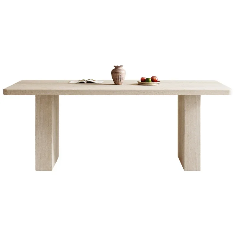 

Medieval travertine rock slab dining table and chair combination, designer household rectangular dining table