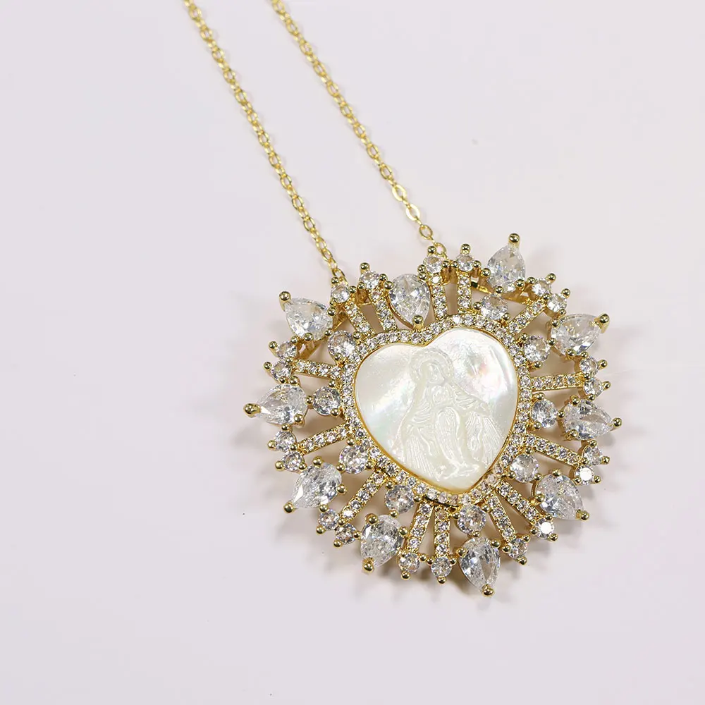 G-G White Shell MOP Cameo Virgin Mary CZ Micro Pave Heart Pendant Chain Necklace