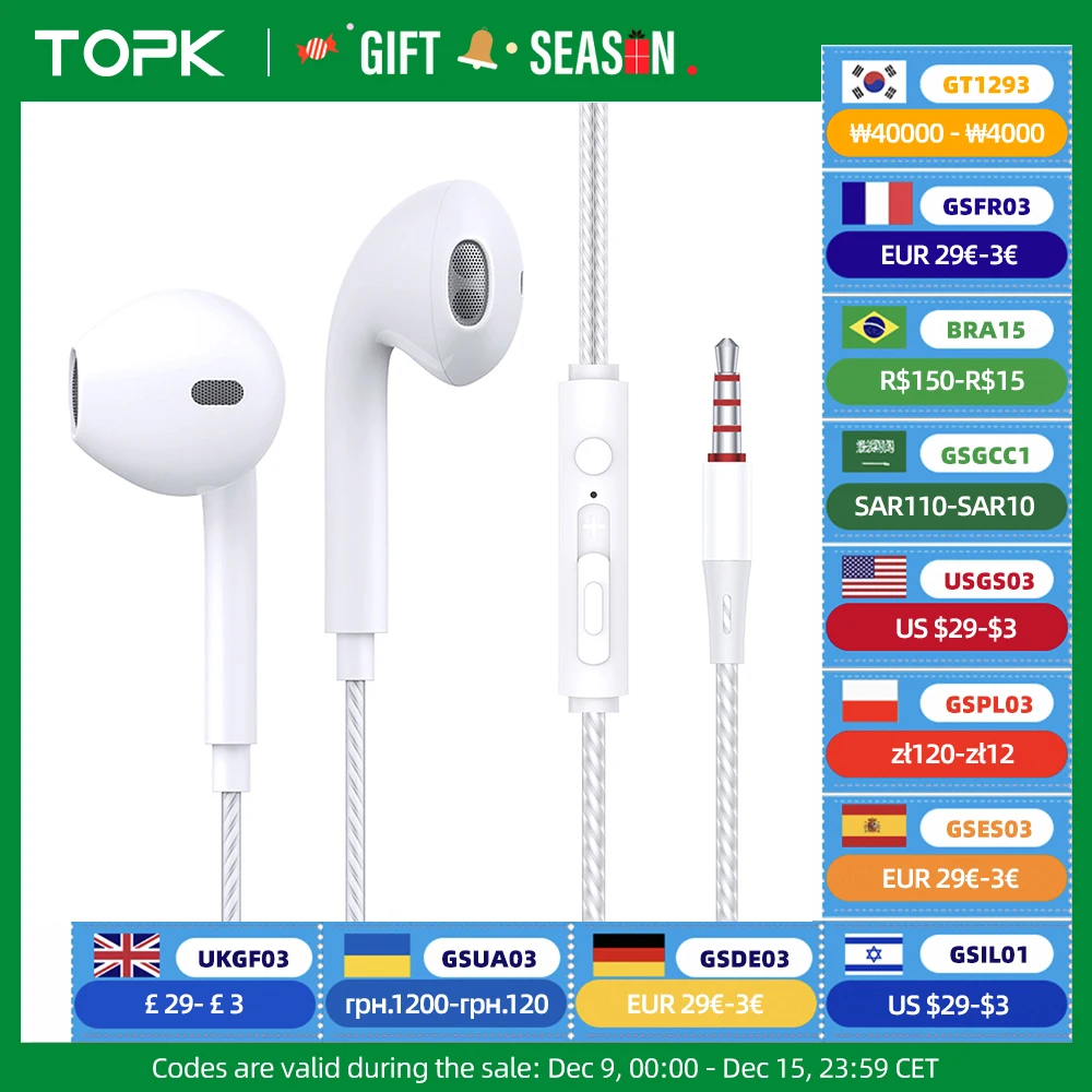 TOPK F20 3.5mm In-ear Headphone HiFi Sound Quality with Mic Type C Jack Earphone Original High Quality Headset Sport Headset