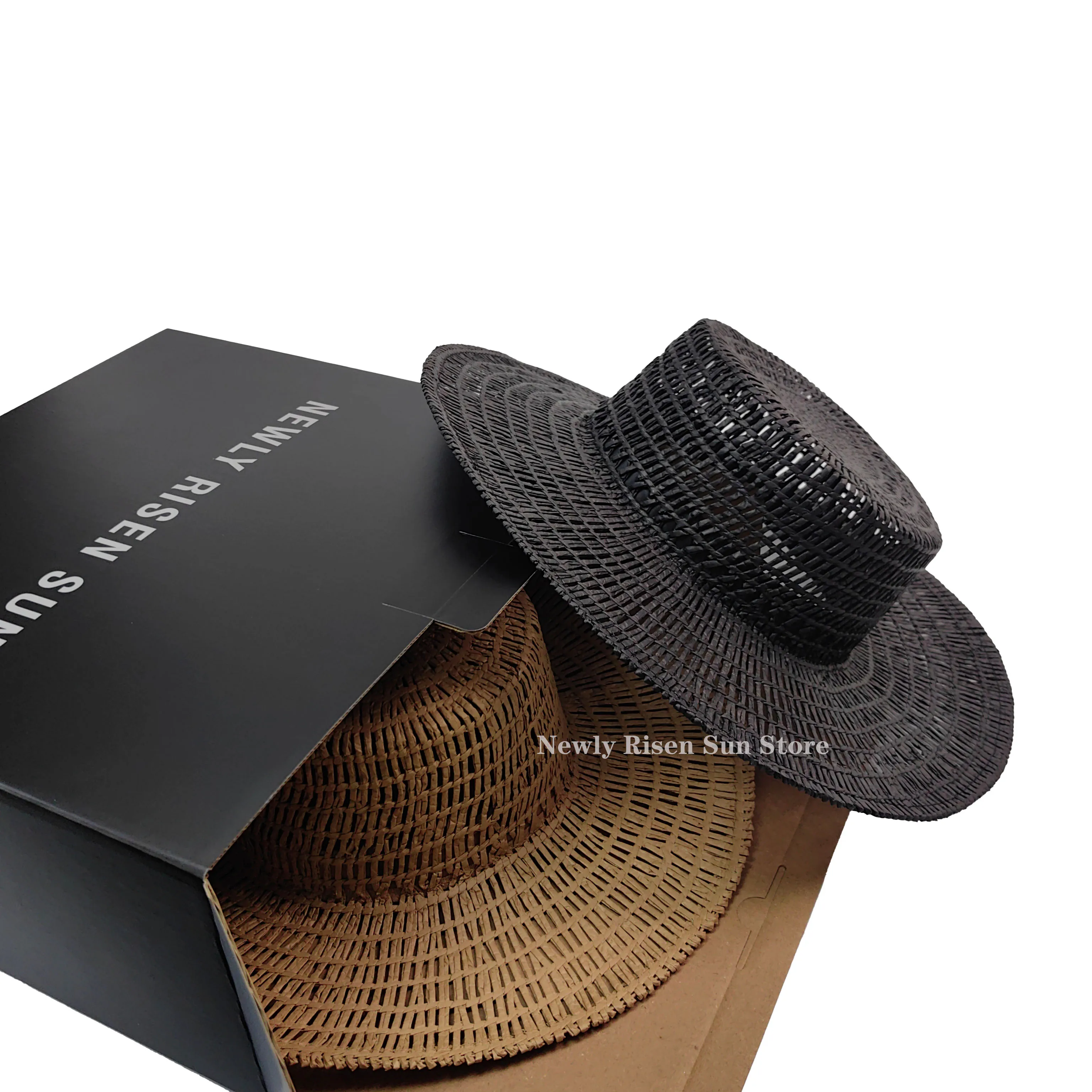 

New Spring & Summer French-Style Hollow Woven Flat Top Wide Brim Hat / Sunshade Beach Straw Hat